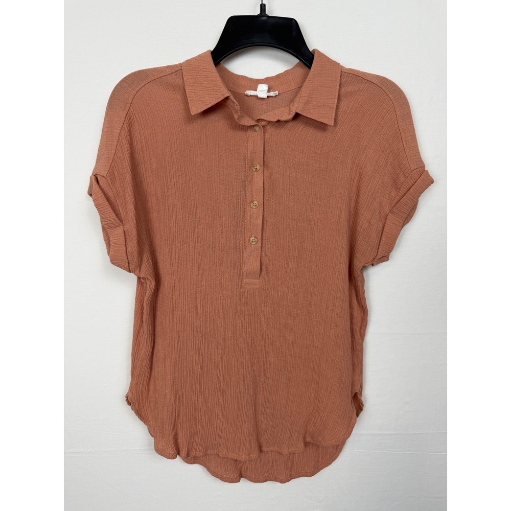 MINE Women Top S Rust Short Sleeve Textured Button Front Boho Casual Earthyal